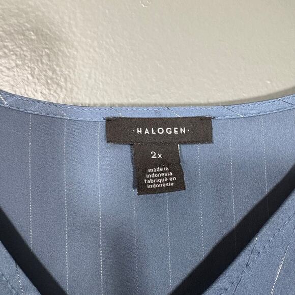 Halogen Blue Pinstripe Office Siren Satin Blouse - Size 2X - Women's Plus Size - Picture 4 of 6